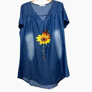 MISSLOOK XXL Chambray Dress Sunflower Butterfly Graphic Lightweight Casual Artsy